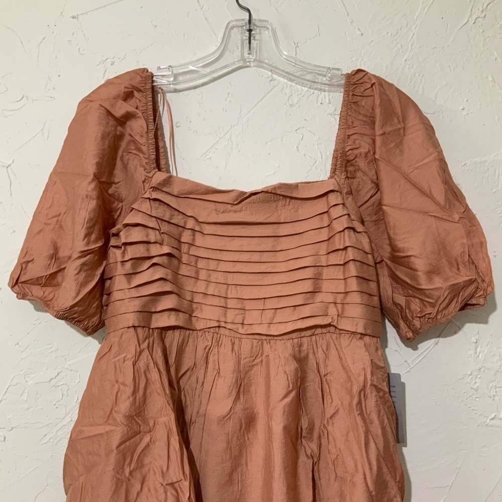 NWT Blu Pepper Peachy Brown Puff Sleeve Pleated Bodice Mini Dress Sz Large - Picture 4 of 9